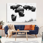 Buffalo Herd Wall Art Canvas Print, Framed Black and White Snowy Landscape