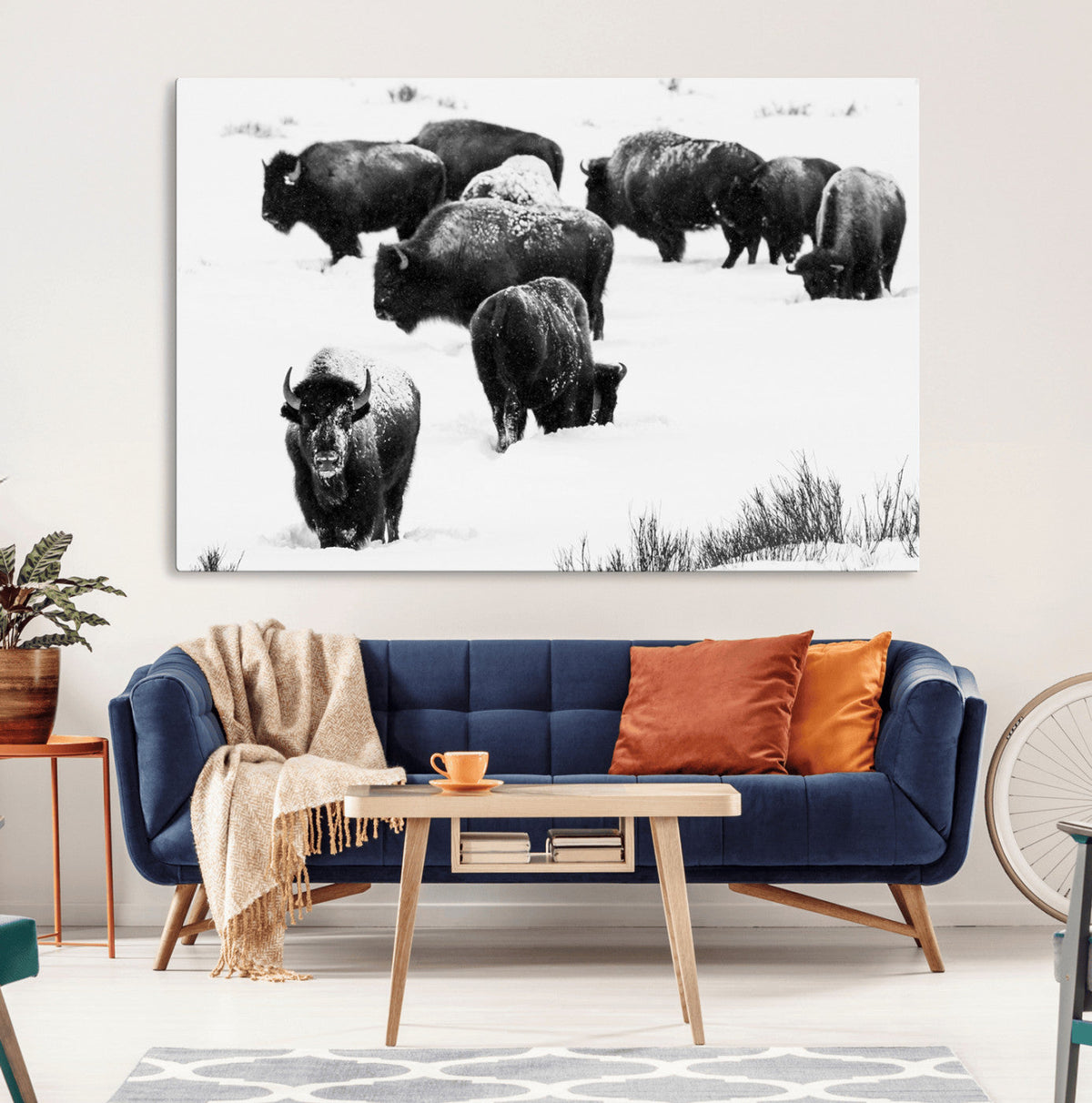 Buffalo Herd Wall Art Canvas Print, Framed Black and White Snowy Landscape