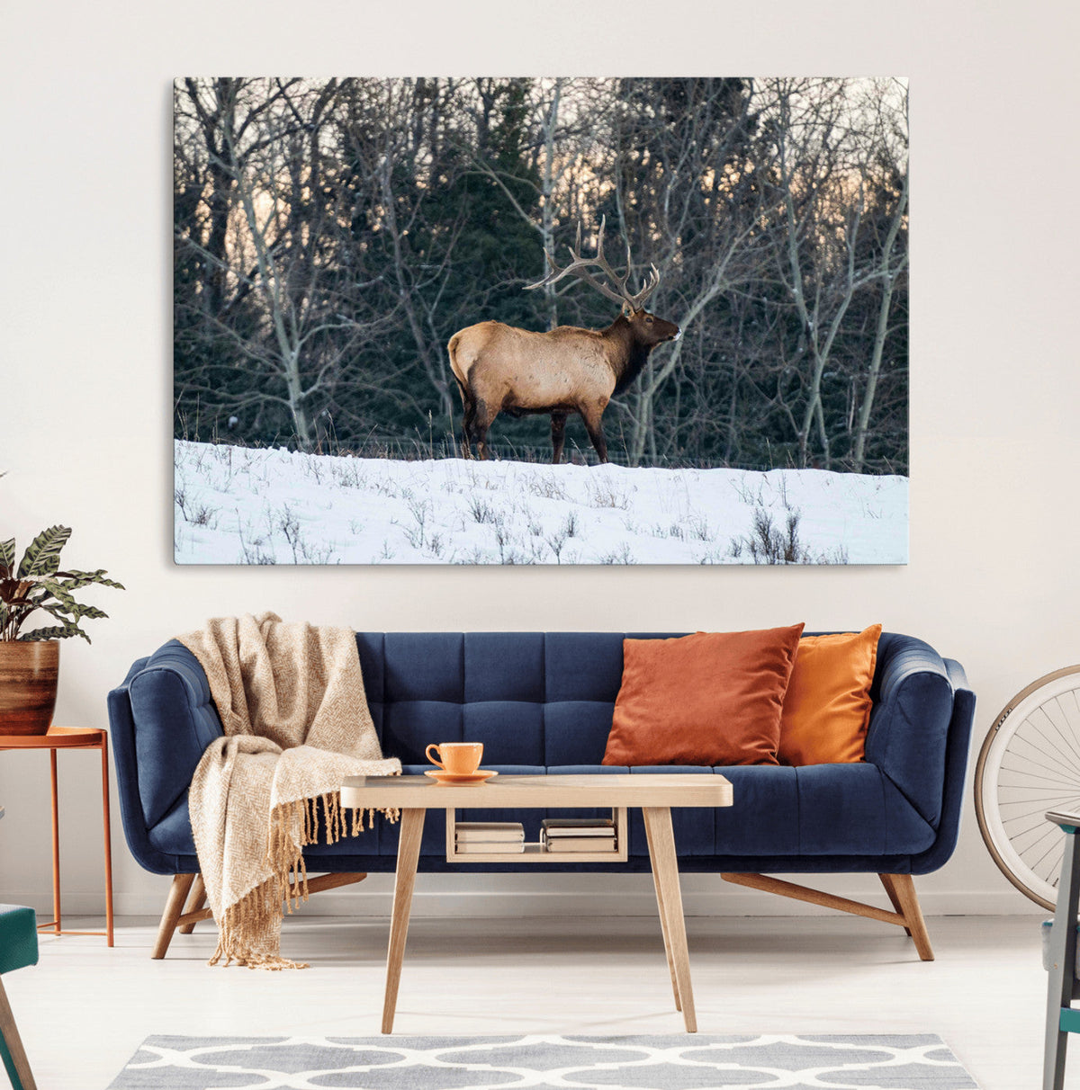 Wild Elk Wall Art Canvas Print, Framed Winter Wildlife in a Snowy Forest