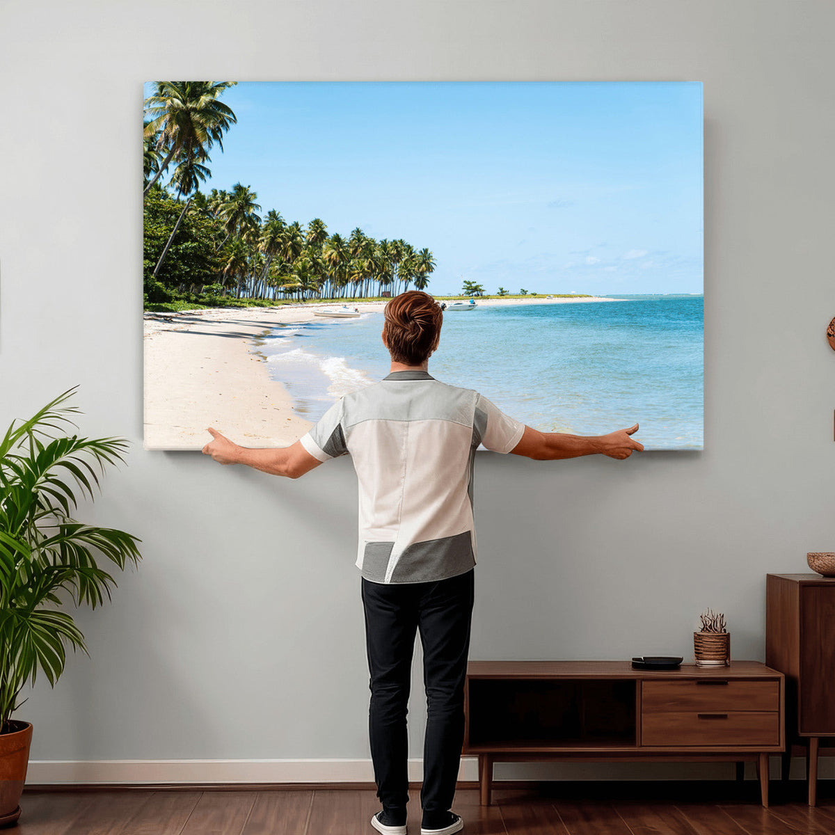 Palm Tree Coast Wall Art Canvas Print, Framed Island Getaway with Crystal Blue Water