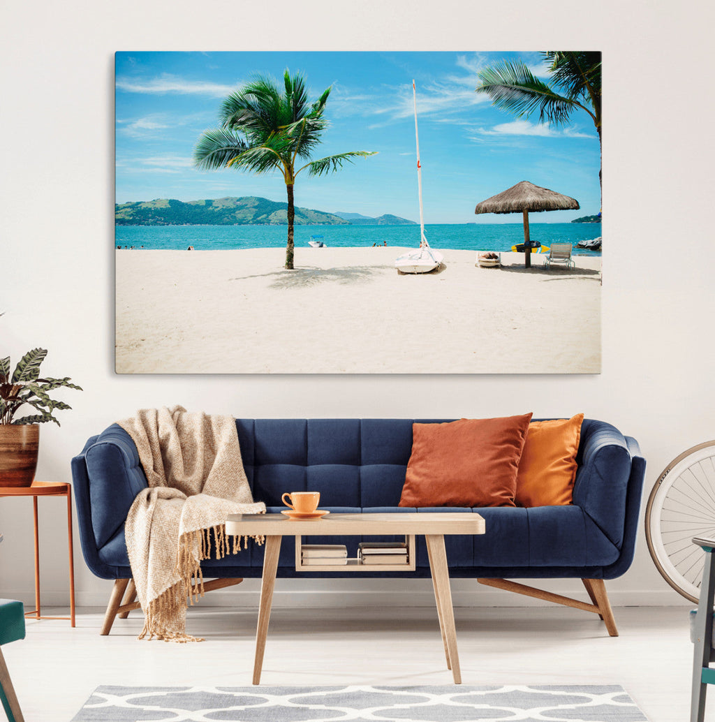 Tropical Beach Wall Art Canvas Print, Framed Palm Tree Ocean View with Calm Waves