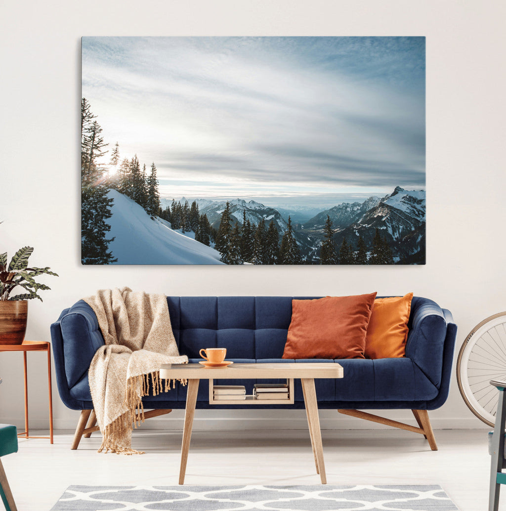 Snowy Mountains Wall Art Canvas Print, Framed Alpine Landscape Frosty Peaks Artwork