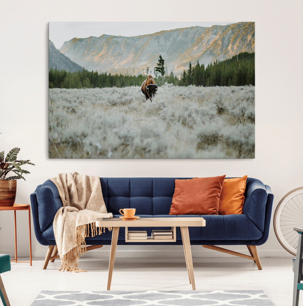 Wild Bison Wall Art Canvas Print, Majestic Mountain Pines and Misty Wilderness