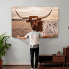 Texas Longhorn Cow Canvas Wall Art, Majestic Bull on a Rustic Western Farm