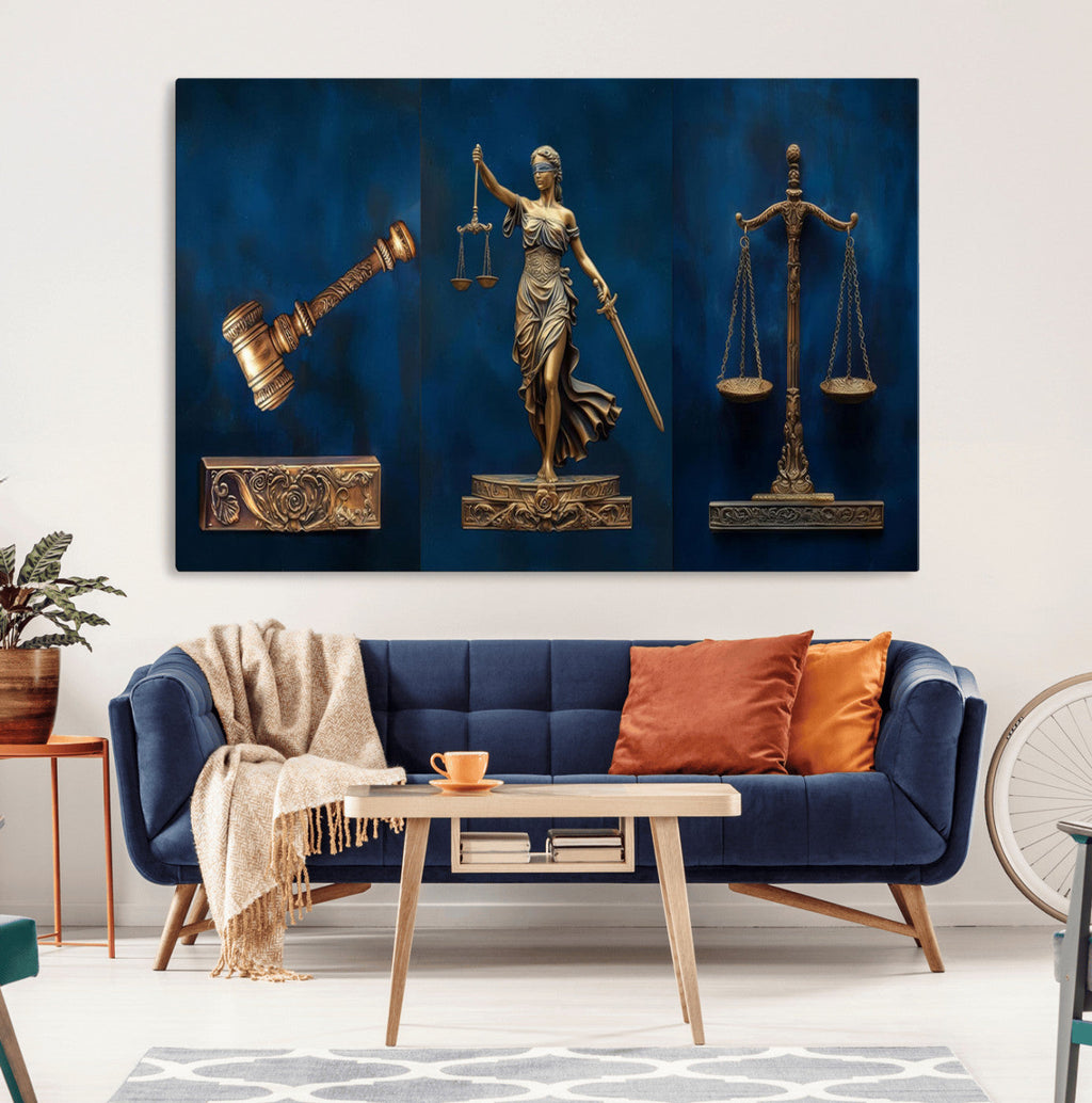 Lady Justice Wall Art Canvas Print, Elegant Gold Legal Symbols on Blue, Law Office Decor