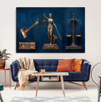 Lady Justice Wall Art Canvas Print, Elegant Gold Legal Symbols on Blue, Law Office Decor