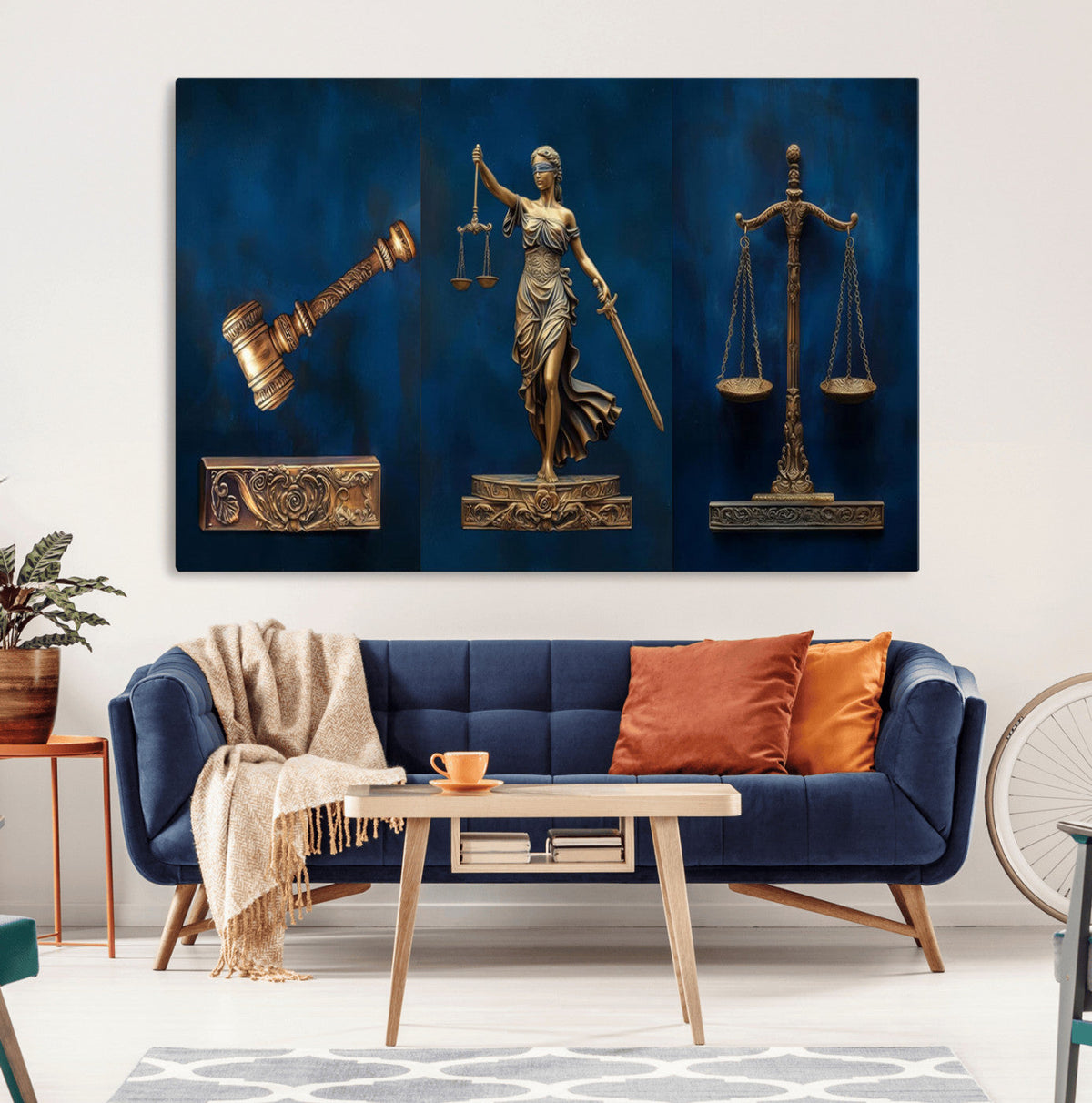 Lady Justice Wall Art Canvas Print, Elegant Gold Legal Symbols on Blue, Law Office Decor