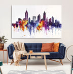 Atlanta Skyline Wall Art Canvas Print, Framed Colorful Watercolor Cityscape