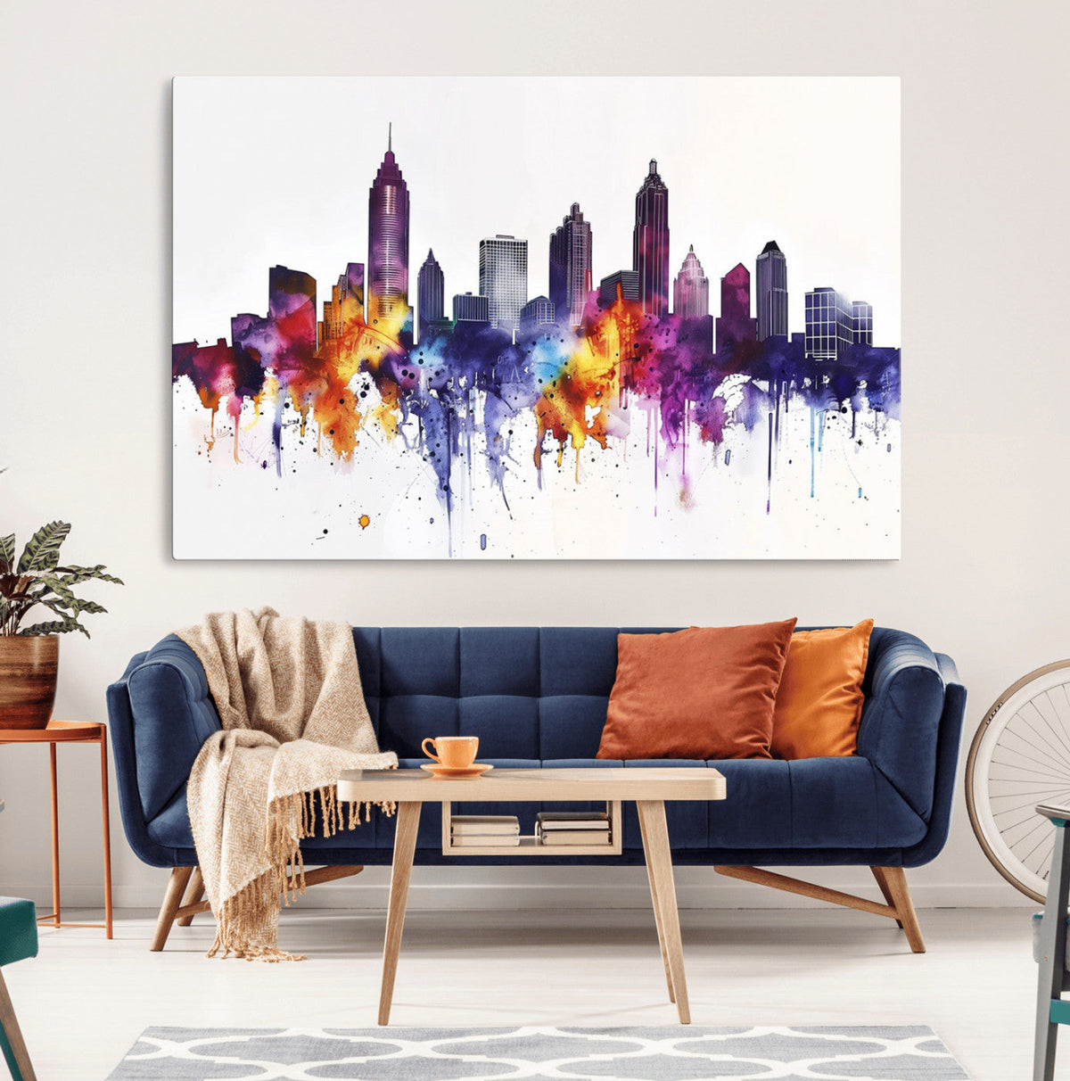 Atlanta Skyline Wall Art Canvas Print, Framed Colorful Watercolor Cityscape