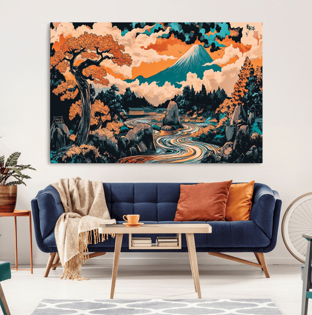Japanese Landscape Wall Art Canvas Print, Mount Fuji with Flowing River and Autumn Trees