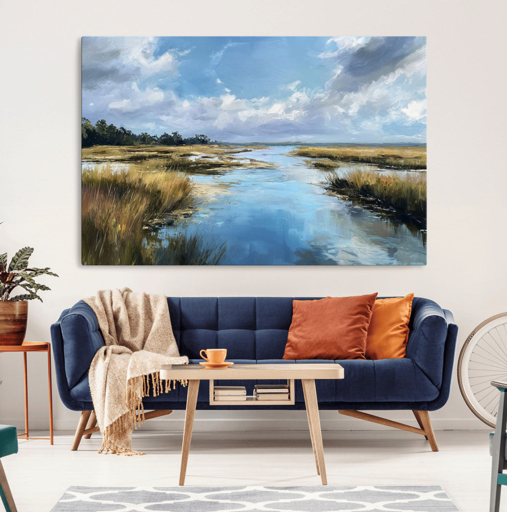 Marshland Wall Art Canvas Print, Serene Water Reflection with Blue Sky and Golden Grass