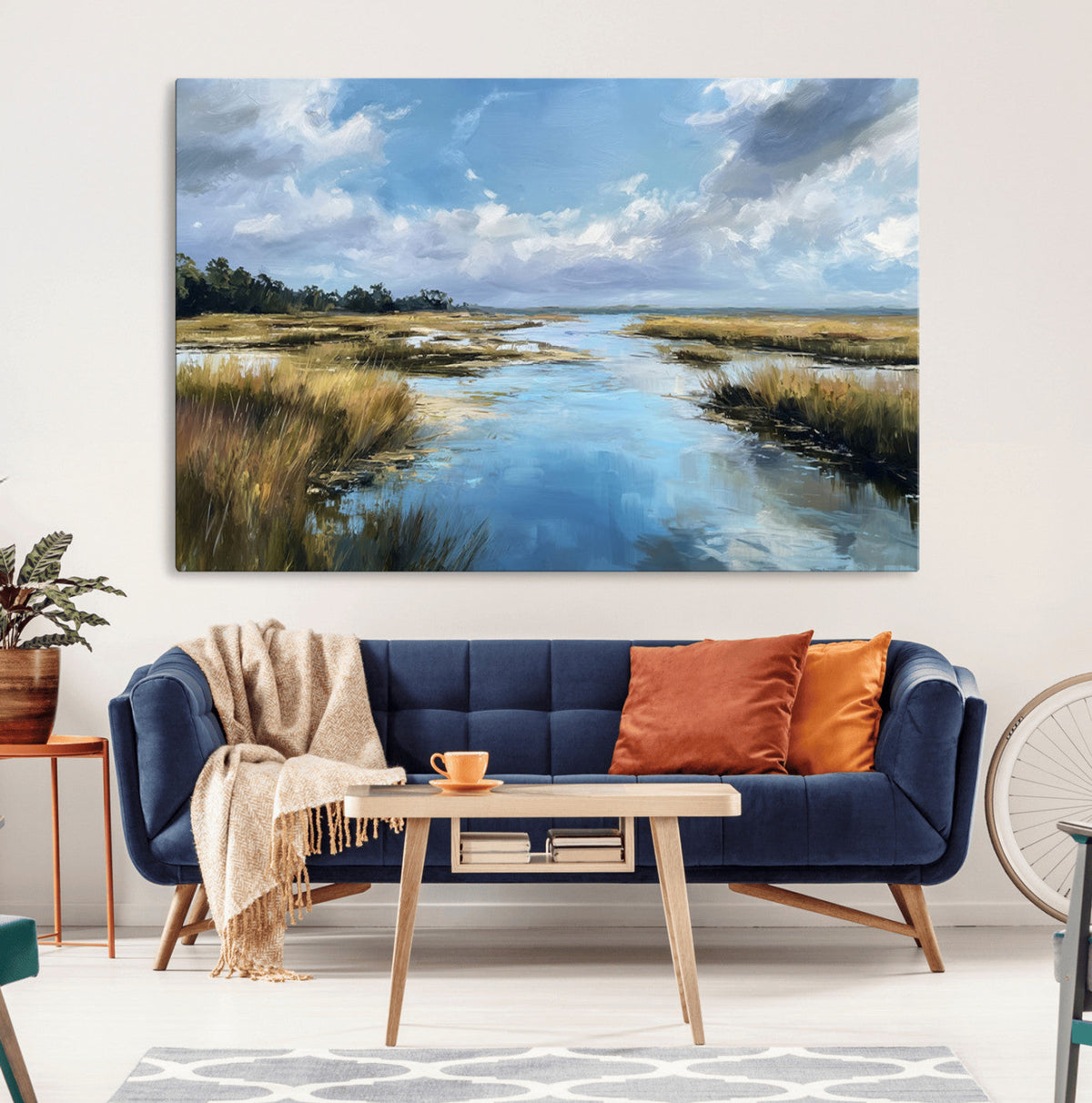 Marshland Wall Art Canvas Print, Serene Water Reflection with Blue Sky and Golden Grass