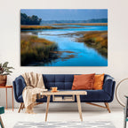 Tranquil Marshland Wall Art Canvas Print, Blue Water Reflecting Sky and Golden Grasses