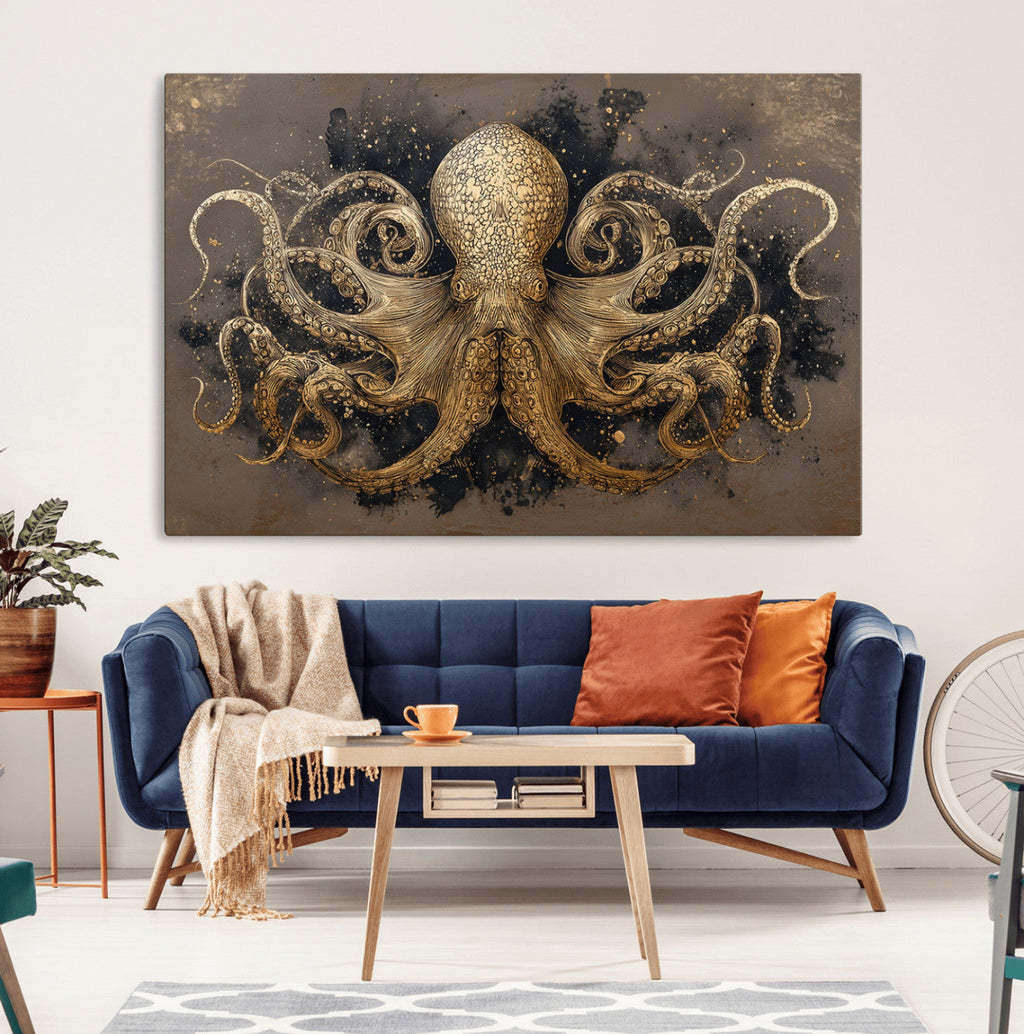 Octopus Wall Art Canvas Print, Black and Gold Detailed Tentacles Nautical Illustration