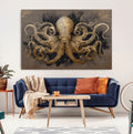 Octopus Wall Art Canvas Print, Black and Gold Detailed Tentacles Nautical Illustration