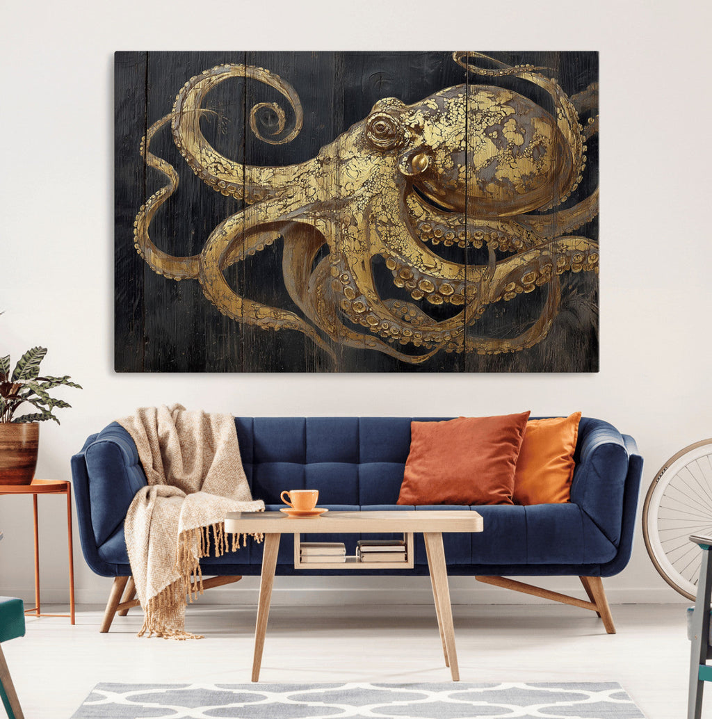 Octopus Wall Art Canvas Print, Gold Detail Octopus on Wooden Plank Background