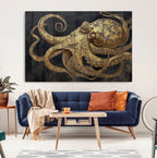 Octopus Wall Art Canvas Print, Gold Detail Octopus on Wooden Plank Background