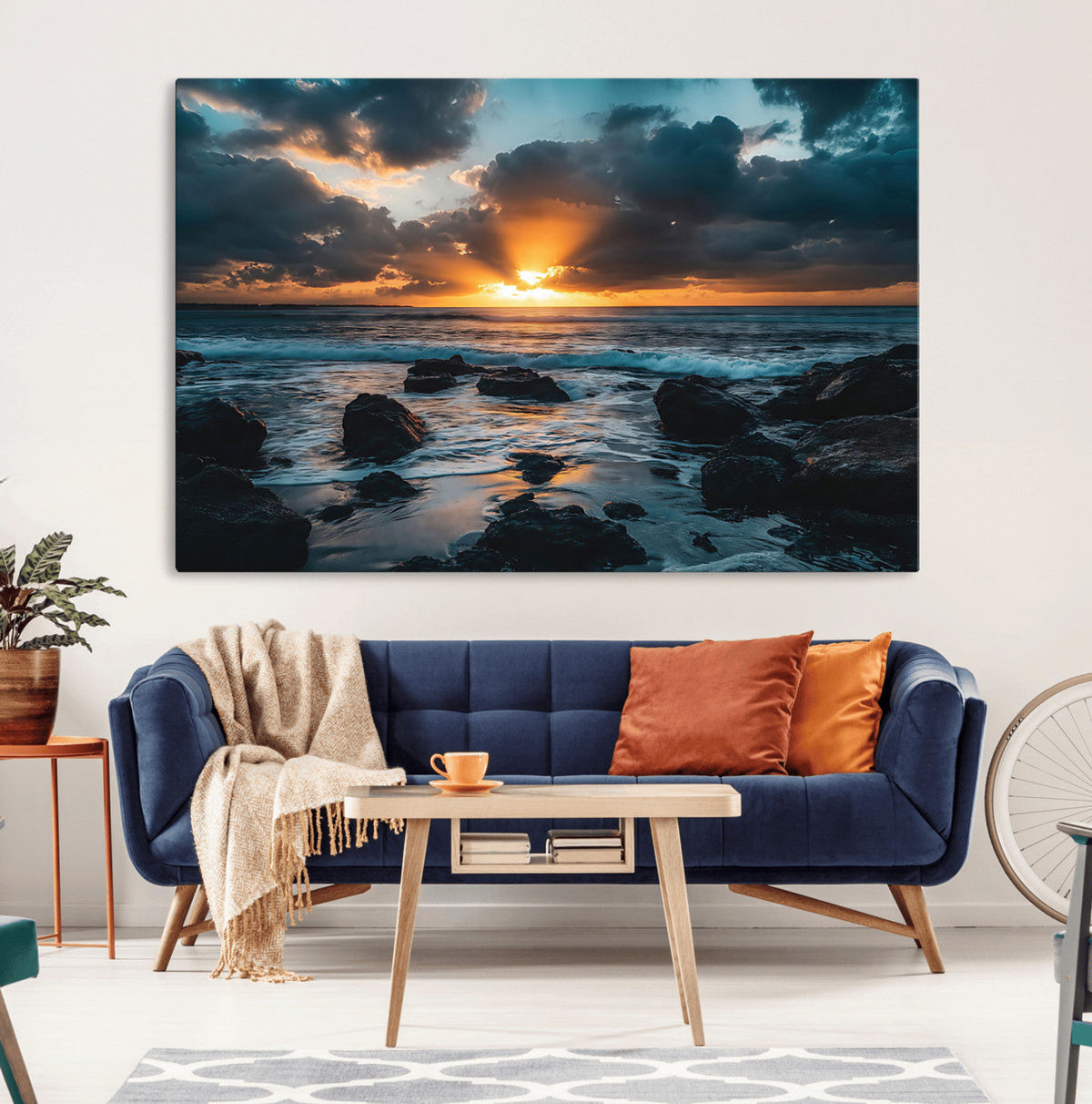 Ocean Sunset Wall Art Canvas Print, Rocky Shore Waves and Golden Sun Rays