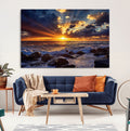 Sunset Ocean Wall Art Canvas Print, Waves on a Rocky Shore Under Dramatic Sky