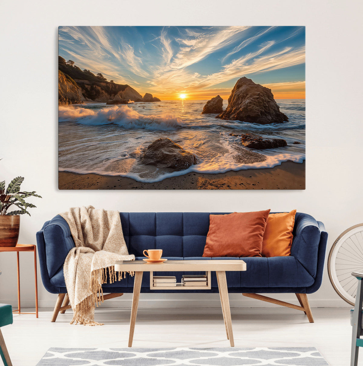 Rocky Ocean Sunset Wall Art Print, Seaside Canvas with Dramatic Seascape