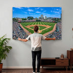 Wrigley Field Baseball Stadium Canvas Wall Art, Packed Crowd and Chicago Skyline