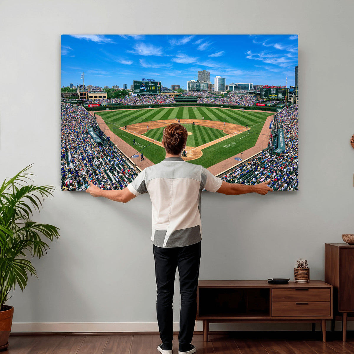 Wrigley Field Baseball Stadium Canvas Wall Art, Packed Crowd and Chicago Skyline