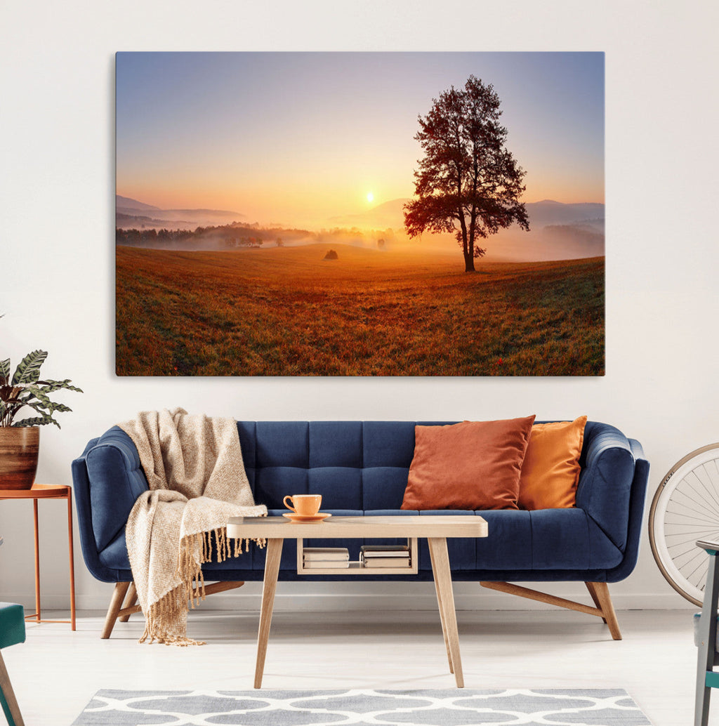 Golden Sunrise Landscape Canvas Wall Art, Framed Misty Field Nature Print