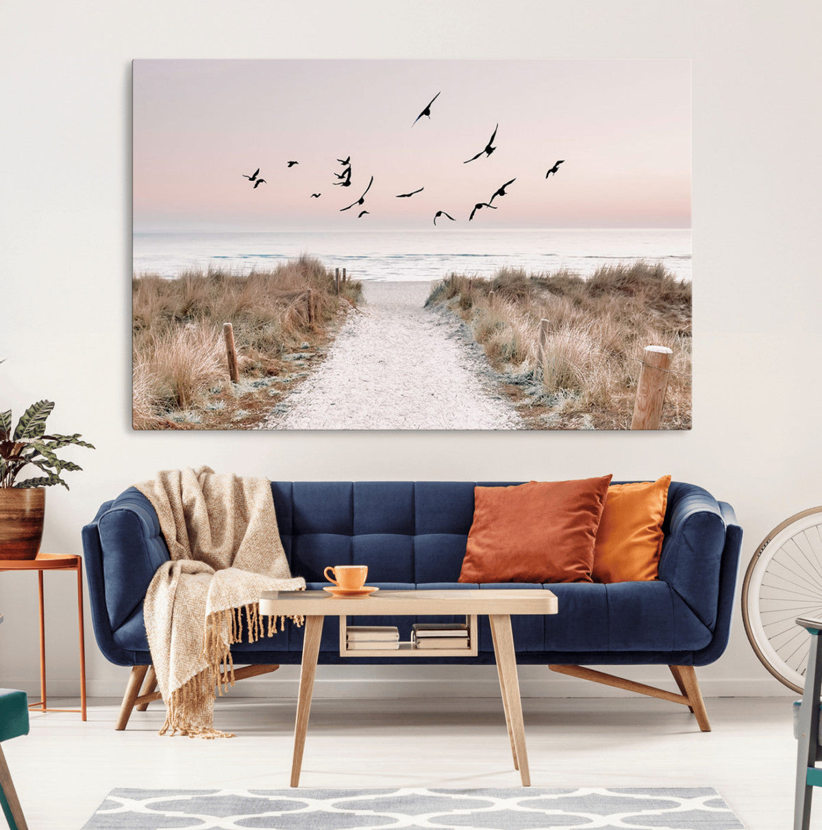 Coastal Pathway Canvas Wall Art Print, Framed Seaside Landscape with Beach and Birds