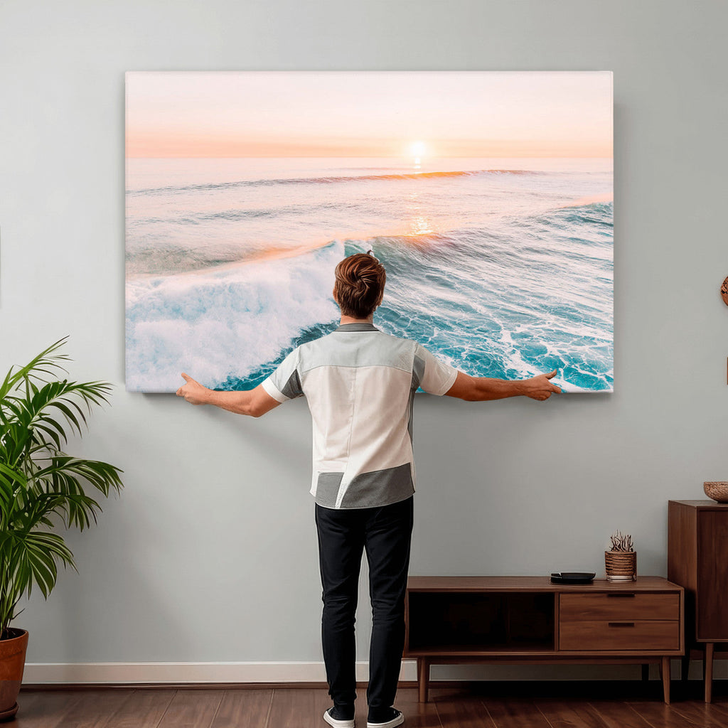 Sunset Surfing Wall Art Canvas Print, Ocean Wave Surfer with Golden Sky