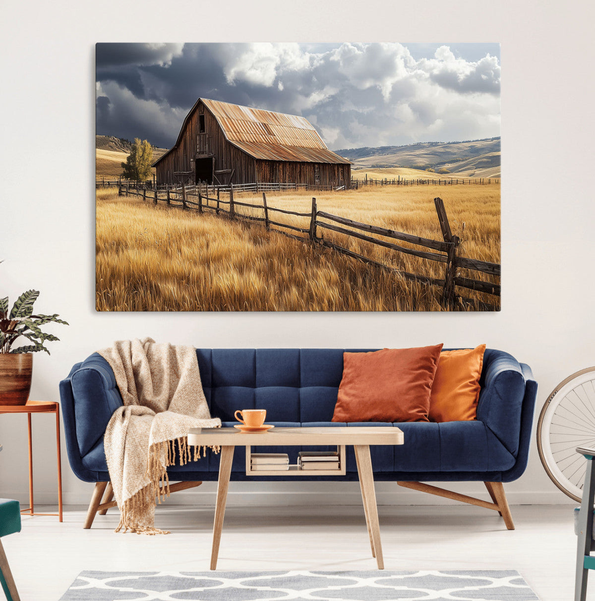 Golden Wheat Field Barn Canvas Print, Rustic Farm Landscape Under Dramatic Sky