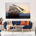 Majestic Sailing Ship Wall Art Canvas Print, Sunset Ocean Voyage with Tall Ship