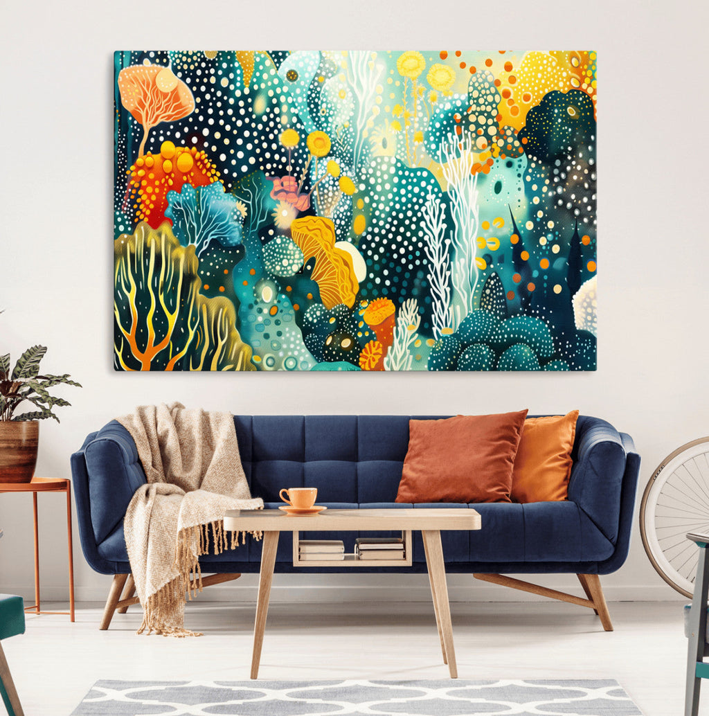 Luminous Abstract Ocean Garden Wall Art Canvas Print, Vibrant Coral Reef Marine Life