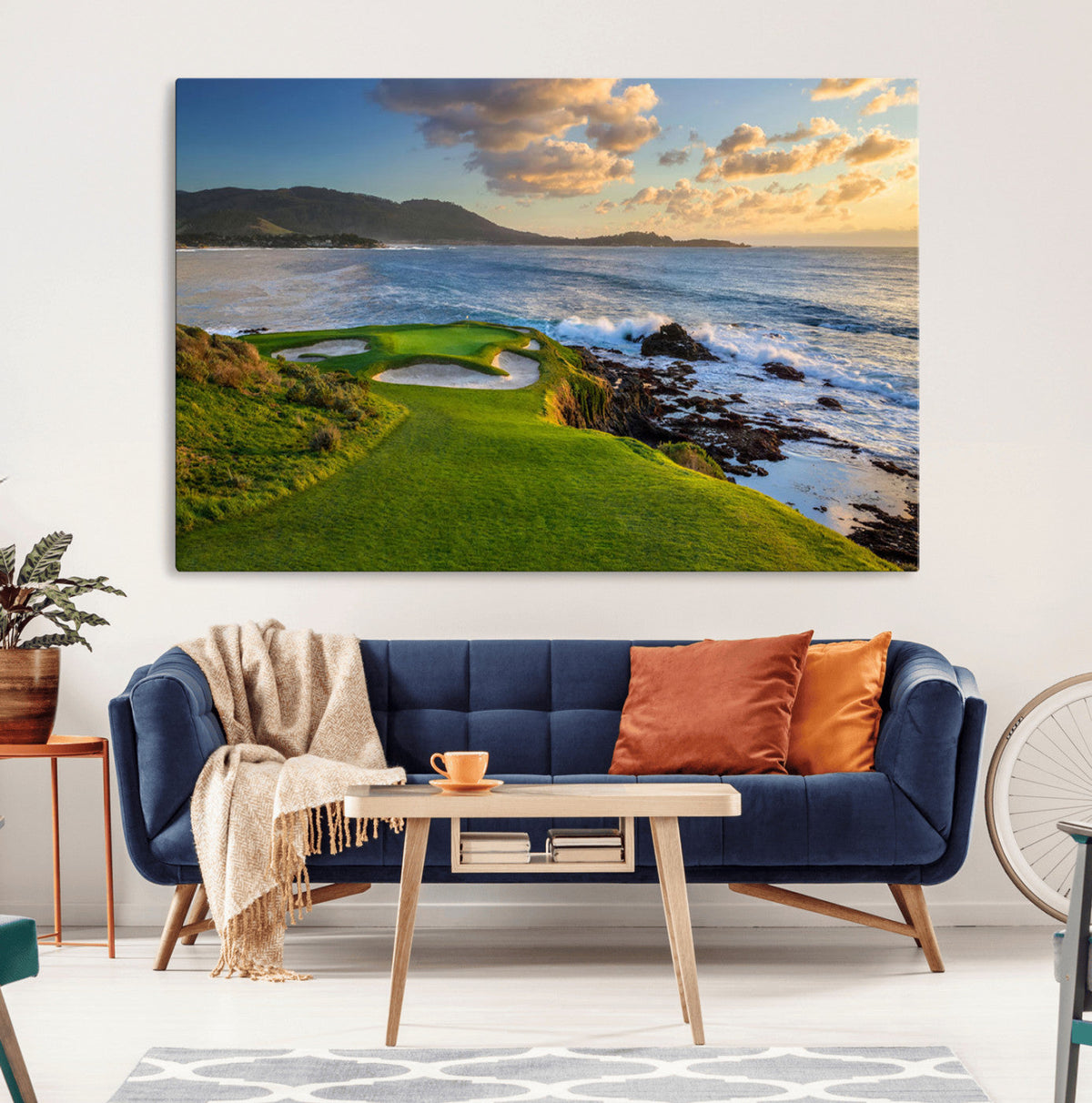 Coastal Golf Course Wall Art Canvas Print, Sunset with Rolling Green Fairways and Ocean Waves
