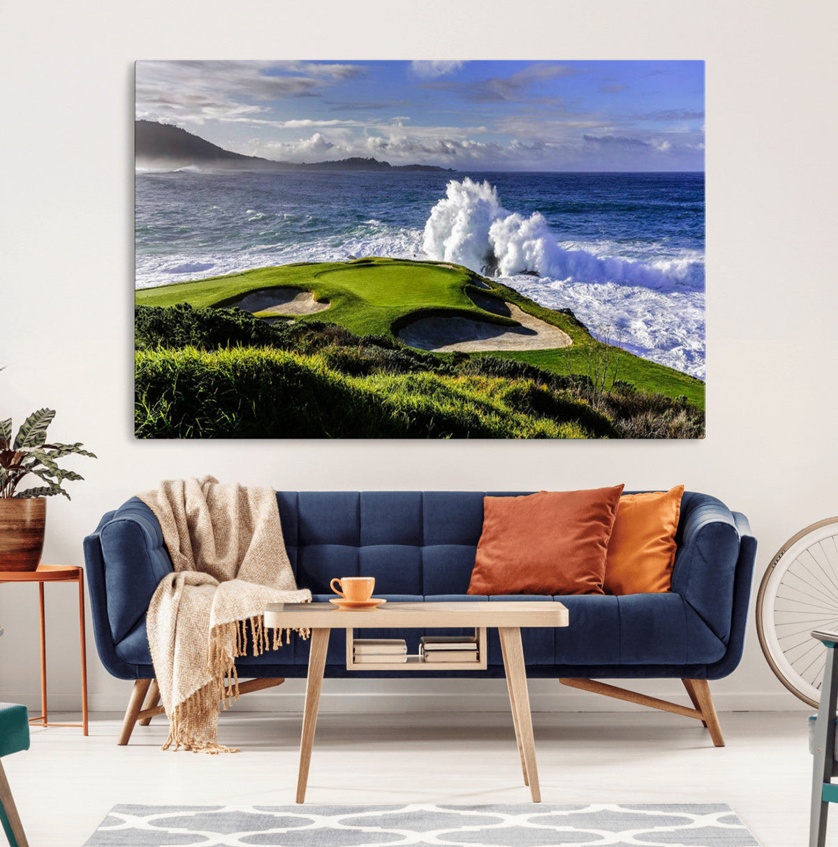 Ocean Waves Crashing Wall Art Canvas Print, Dramatic Rocky Coastline Near a Golf Course