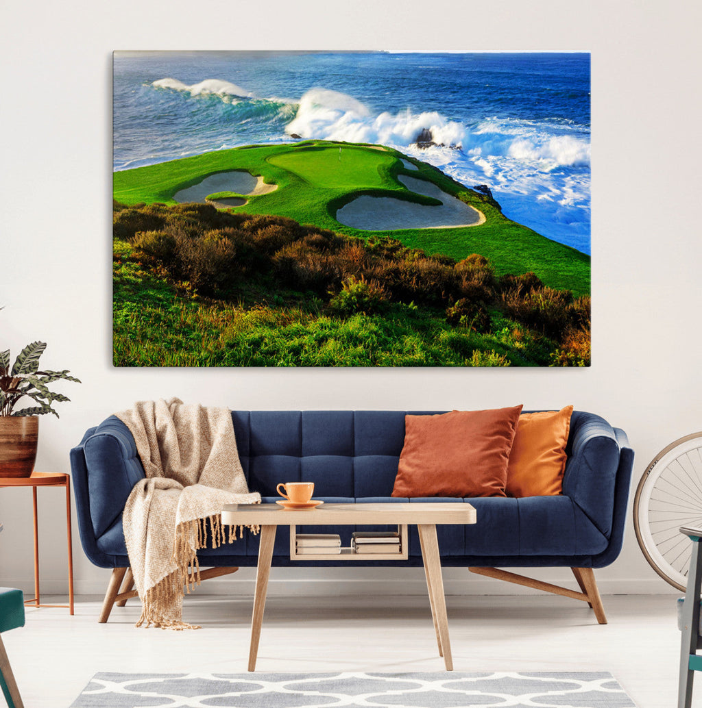 Coastal Golf Course Wall Art Canvas Print, Vibrant Green with Sand Bunkers and Ocean Waves