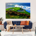 Coastal Golf Course Wall Art Canvas Print, Vibrant Green with Sand Bunkers and Ocean Waves