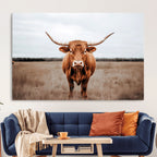 Longhorn Bull Wall Art Canvas Print, Framed Rustic Decor
