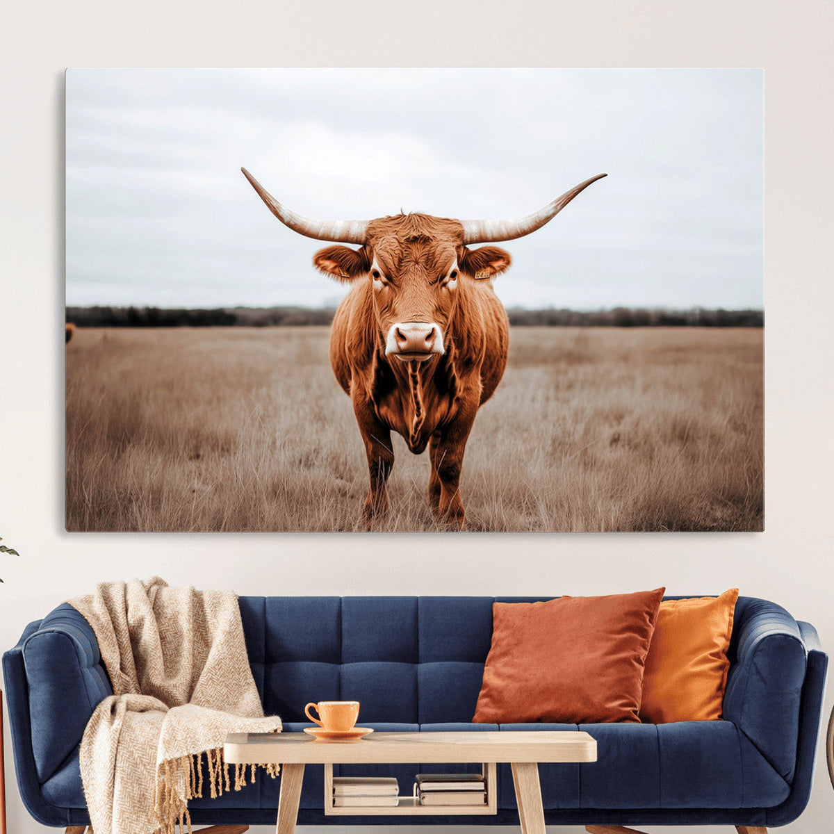 Longhorn Bull Wall Art Canvas Print, Framed Rustic Decor