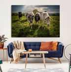 Grazing Cattle Herd Wall Art Canvas Print, Framed Green Pasture Farm Scene