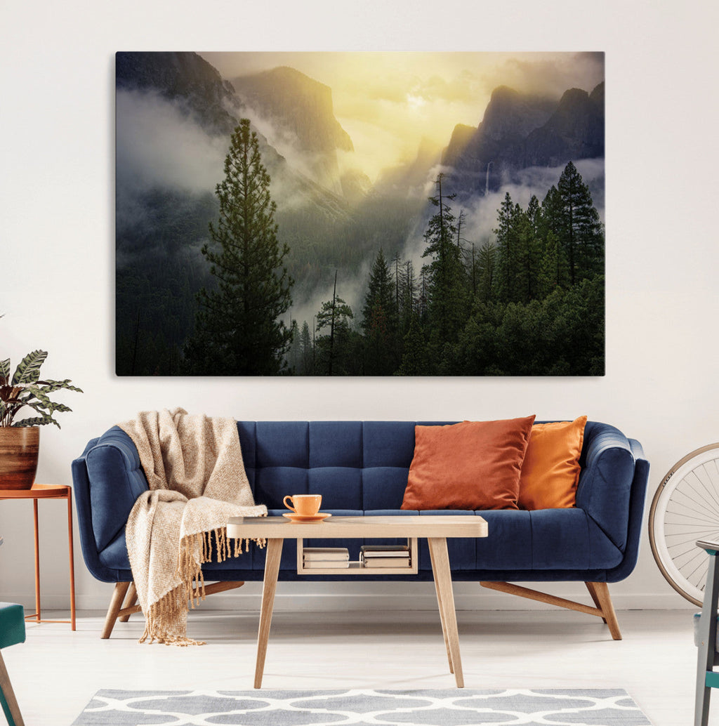 Misty Forest Sunrise Wall Art Canvas Print, Framed Mountain Valley Pine Trees