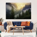Misty Forest Sunrise Wall Art Canvas Print, Framed Mountain Valley Pine Trees