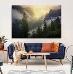 Misty Forest Sunrise Wall Art Canvas Print, Framed Mountain Valley Pine Trees