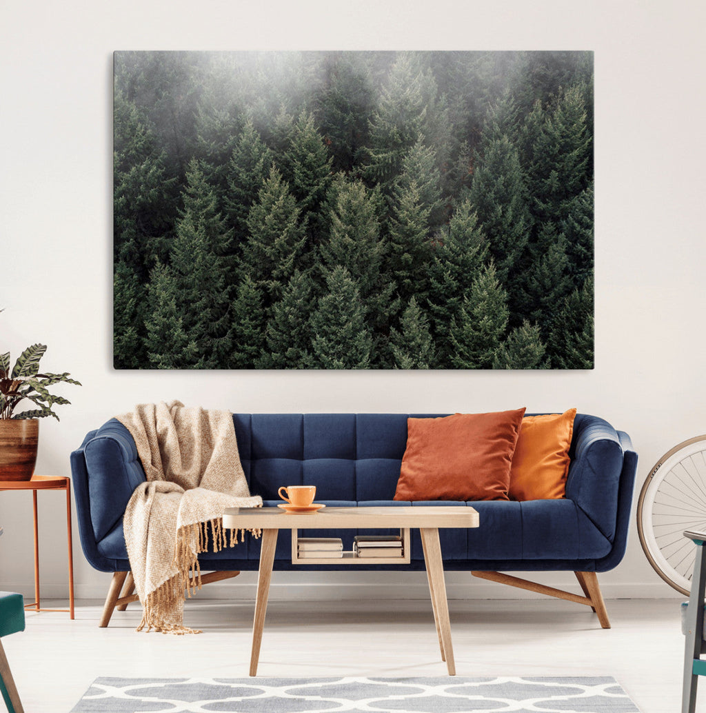 Misty Pine Forest Wall Art Canvas Print, Lush Green Trees Surrounded by Gentle Fog