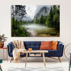 Misty Lake Forest Wall Art, Green Trees and Calm Water Reflection, Mountain Fog Landscape Canvas
