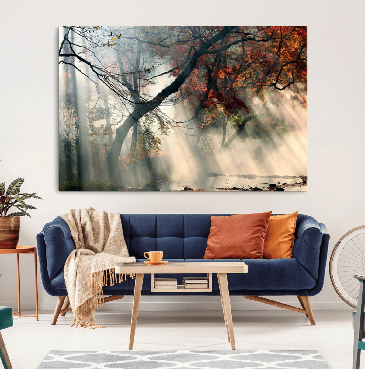 Sunlit Autumn Forest Wall Art, Misty Trees with Sun Rays, Peaceful Fall Landscape Canvas Print