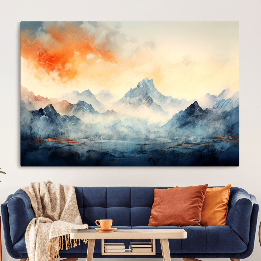 Warm Clouds Abstract Mountain Wall Art, Modern Landscape Canvas Print