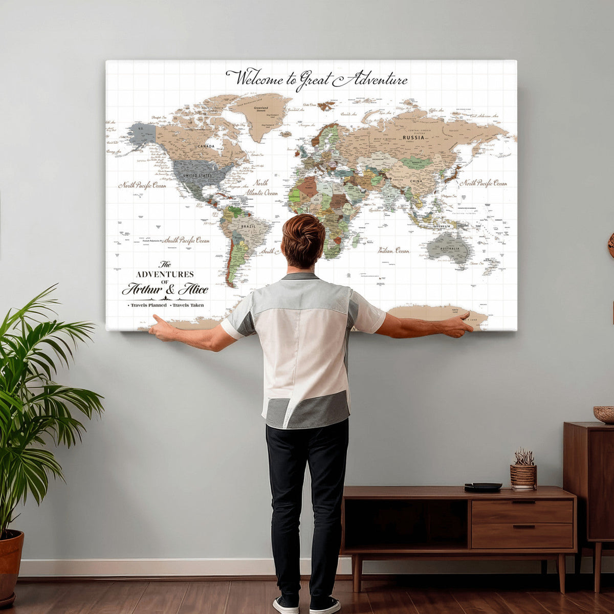 Custom Beige Push Pin World Map Wall Art, Bucket List Map, Study and Hallway Decor