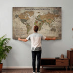 Personalized Beige Geometric World Map Canvas with Push Pins, Next Trip Planner Map, Study and Entryway Decor