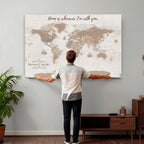 Personalized Beige Geometric Push Pin World Map Canvas Print, Countries Visited Map, Study and Home Office Decor