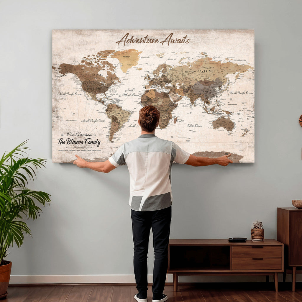 Custom Push Pin World Map Wall Art Canvas Print | Personalized Travel Tracker